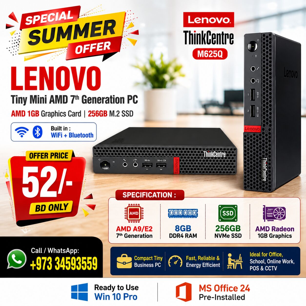 Isa Town, Computers, BHD 52,  LENOVO Tiny Mini AMD Graphics Smart PC 8GB DDR4 RAM + 256GB M. 2 SS AMD 1GB Graphics Card