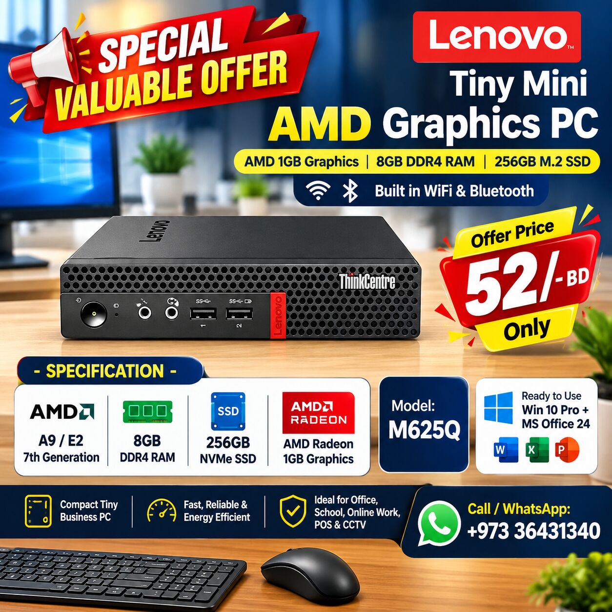 Manama, Computers, BHD 52,  LENOVO Tiny Mini AMD Graphics Smart PC 8GB DDR4 RAM + 256GB M. 2 SS AMD 1GB Graphics Card