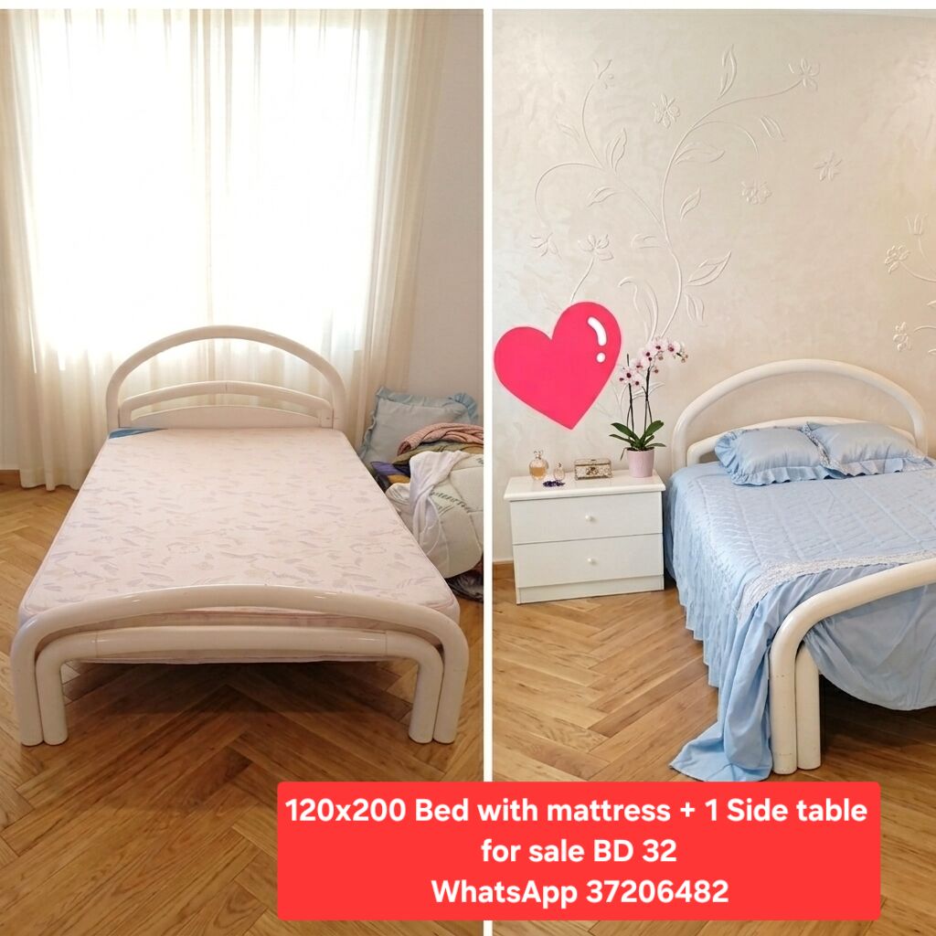 Manama, Furniture, BHD 32,  ✅️ 120x200 Bed & Mattress + 1 Side Table For Sale In Good Condition With Delivery