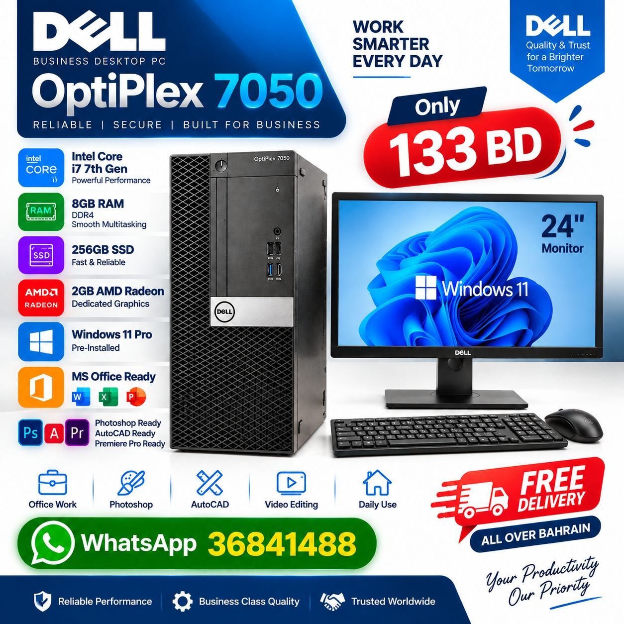 Manama, Computers, BHD 133,  Dell Core I7 7th Gen Computer Set 8GB RAM 256GB SSD 2GB AMD Dedicated Graphics -36841488