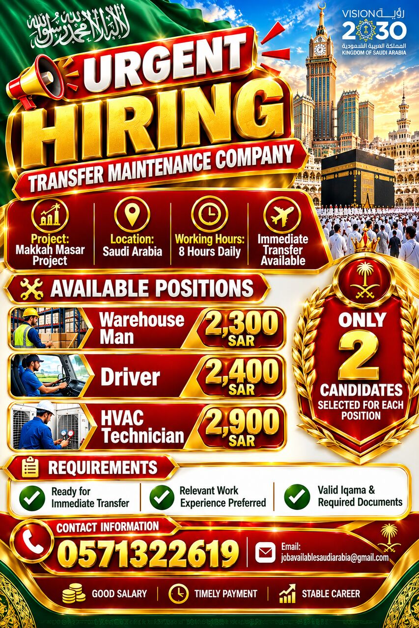 Makkah, Jobs, URGENT HIRING &ndash; SAUDI ARABIA TRANSFER MAINTENANCE COMPANY Project: Makkah Masar Project