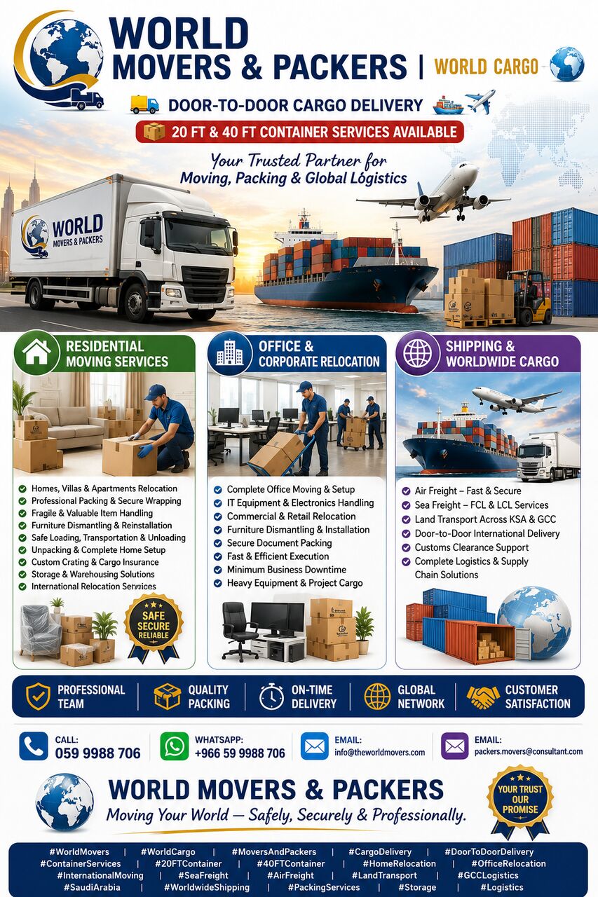 Ras Tanura, Relocation, WORLD HOME Movers Packers➡️Door To Door CARGO DELIVERY➡️20-40 FT Containers➡️ 0599988706.,