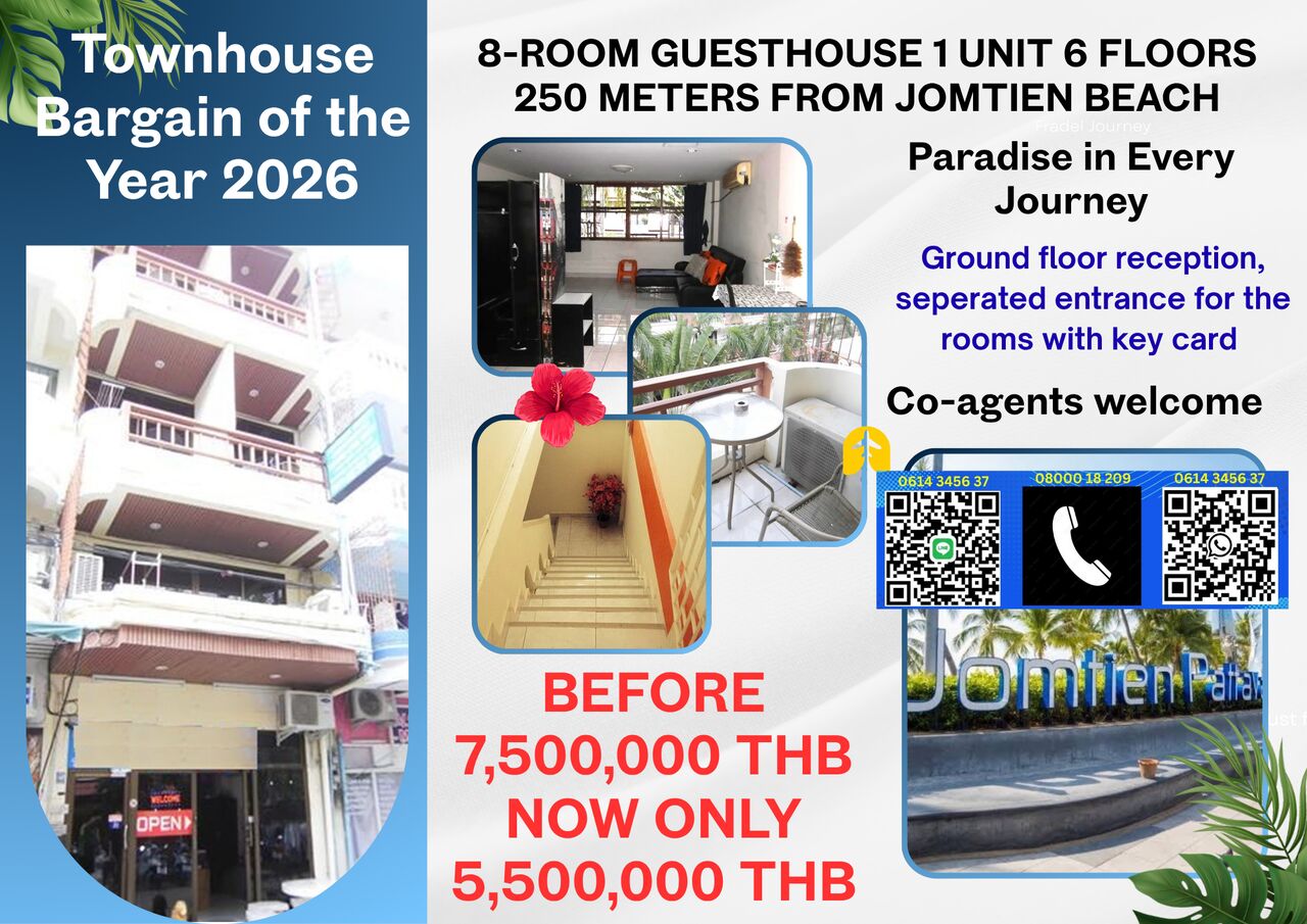 Bangkok, Buildings, THB 5500000,  FOR SALE &ndash; 8-ROOM GUESTHOUSE IN CENTRAL JOMTIEN