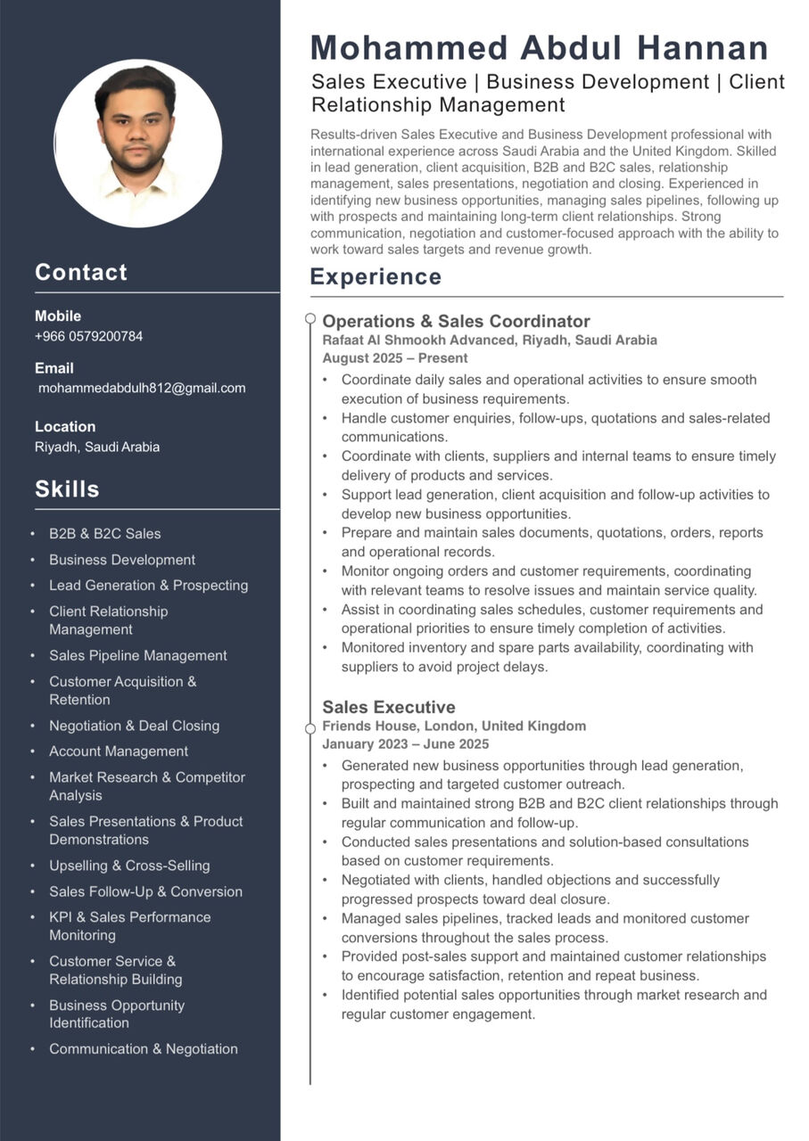 Riyadh, Job Seekers, Sales Executive / Business Development Professional Available In Riyadh