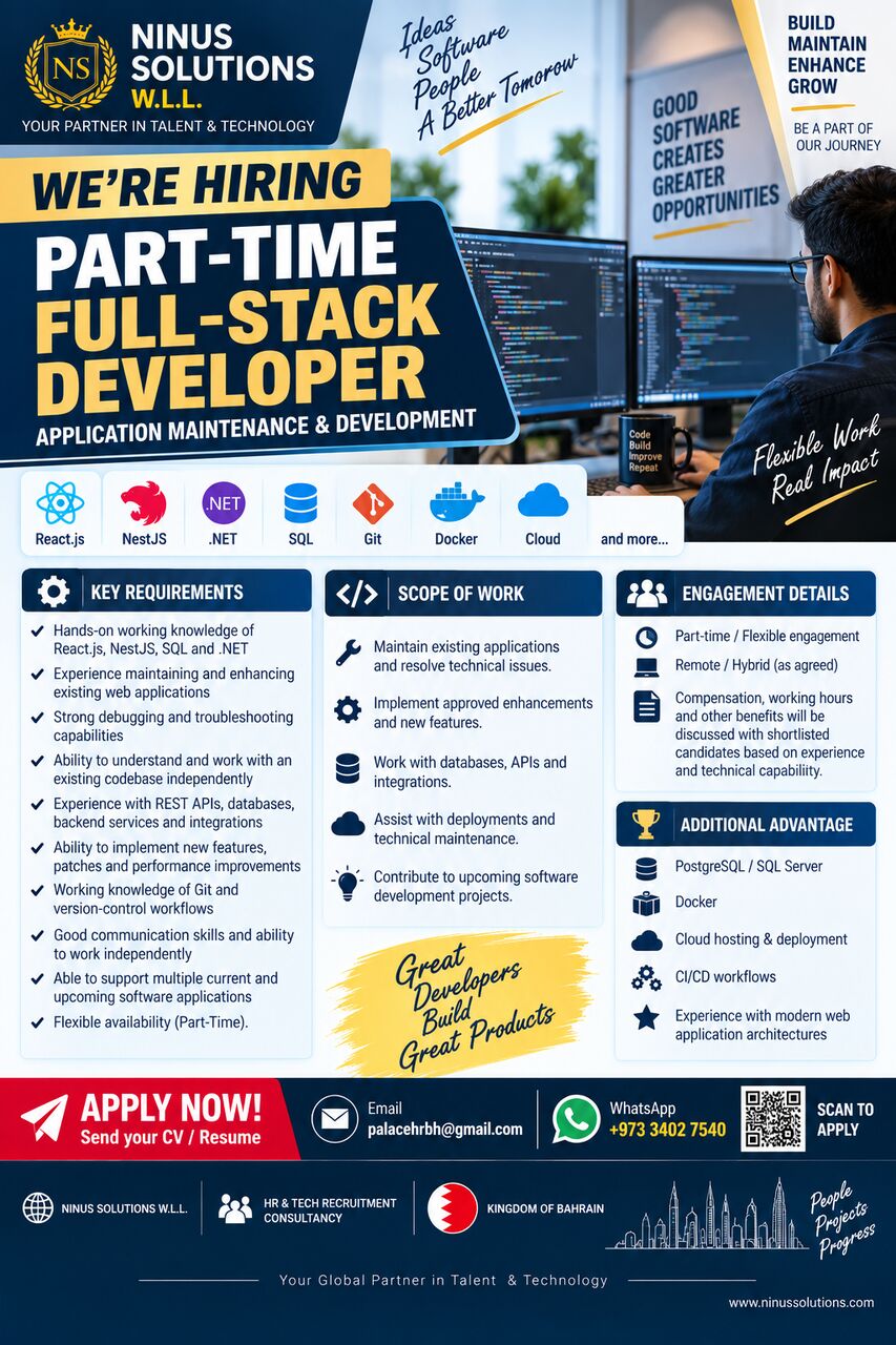 Manama, Jobs, WE&rsquo;RE HIRING | PART-TIME FULL-STACK DEVELOPER | FLEXIBLE ENGAGEMENT  React.js | NestJS