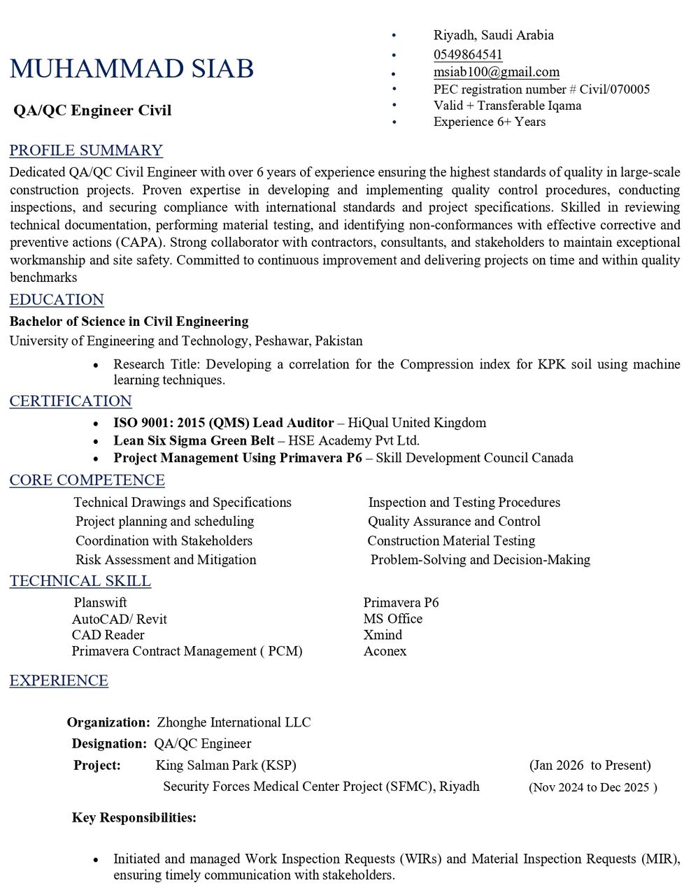 Riyadh, Job Seekers, QA/QC Civil Engineer | Project Quality Engineer | ISO Certified | 6+ Years Experience