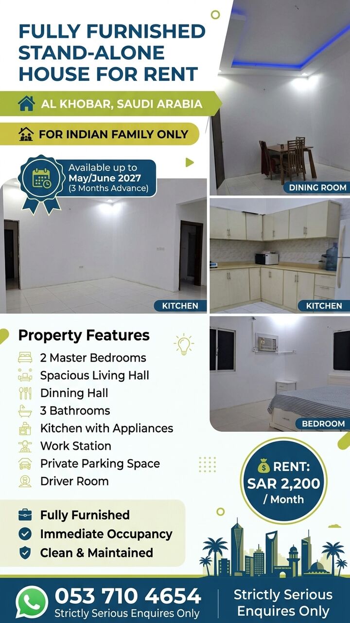 Khobar, Apartments, Flats, Houses & Villas, SAR 2200/month,  🏡 FULLY FURNISHED STAND-ALONE HOUSE FOR RENT – AL KHOBAR