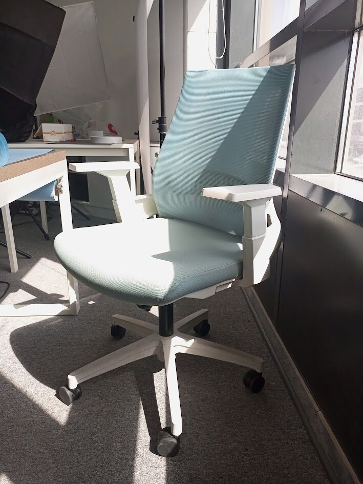 Al Malaz, Furniture, SAR 500,  Ergonomic Mesh Office Chair, Mid-Back, Adjustable Arms, Light Teal & White, 500 SAR