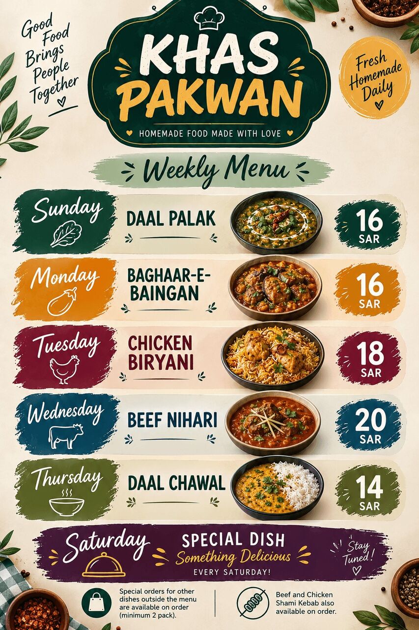 Khobar, Food, SAR 14,  Homemade Food - Weekly Menu - Daily Available