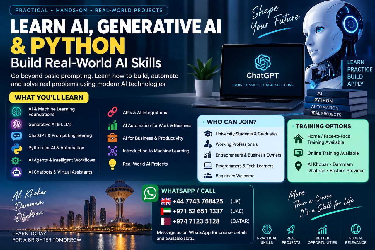 Al Khobar Al Shamalia, Lessons Offered, AI & Generative AI Training &mdash; Python, ChatGPT, AI Agents & Automation
