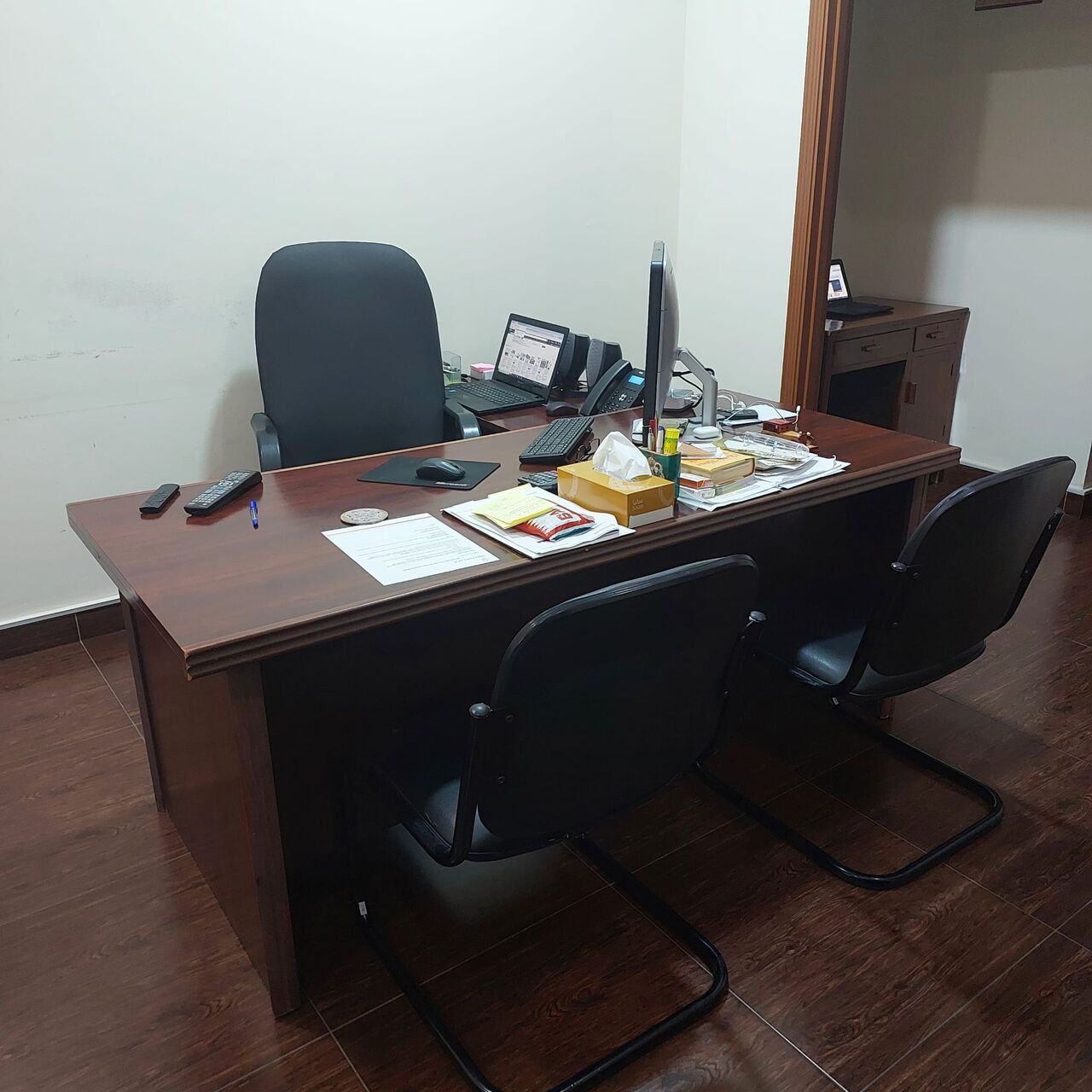 Manama, Furniture, BHD 100,  Used Office Furnitures For Sale Big L Shape Table 100 BD With Black Leather Cover Chair