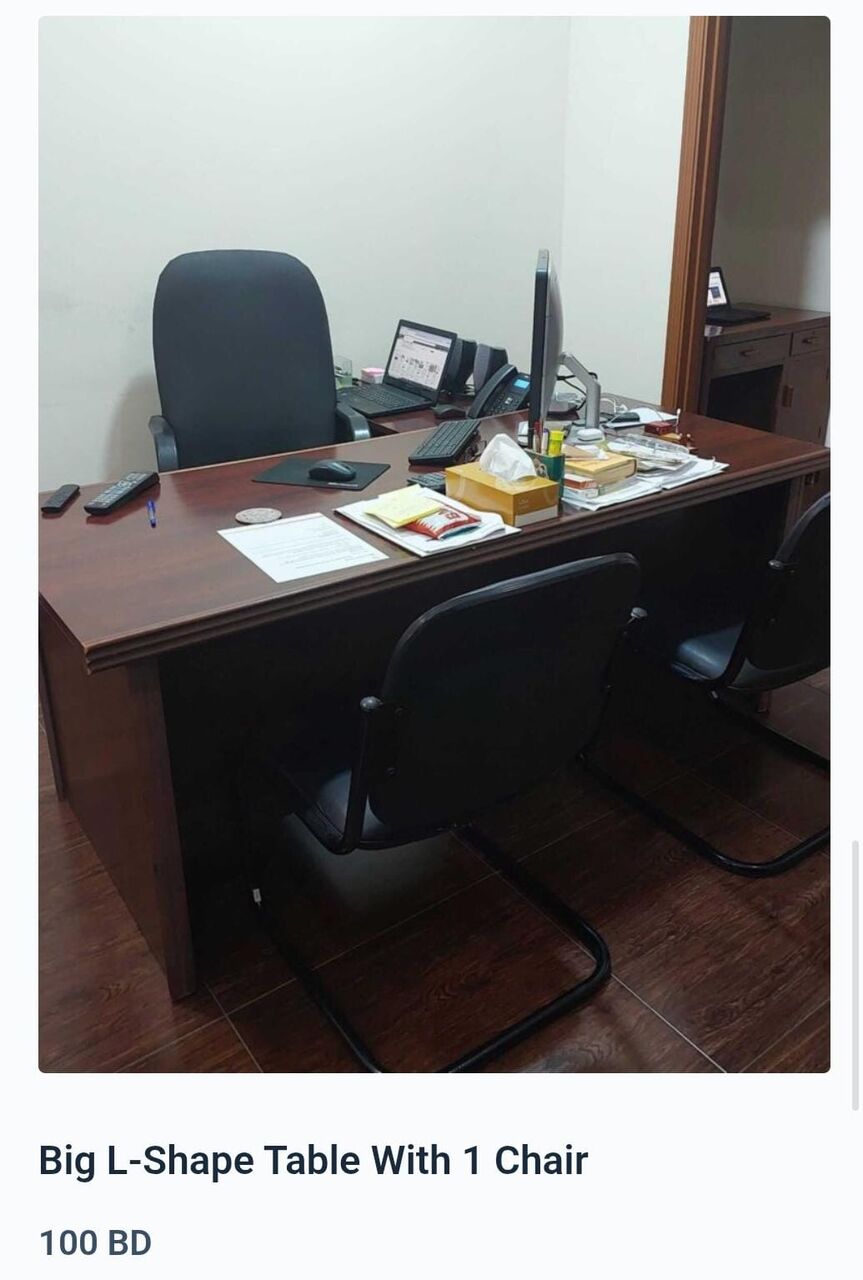 Manama, Furniture, BHD 100,  Used Office Furnitures For Sale Big L Shape Table 100 BD With Black Leather Cover Chair