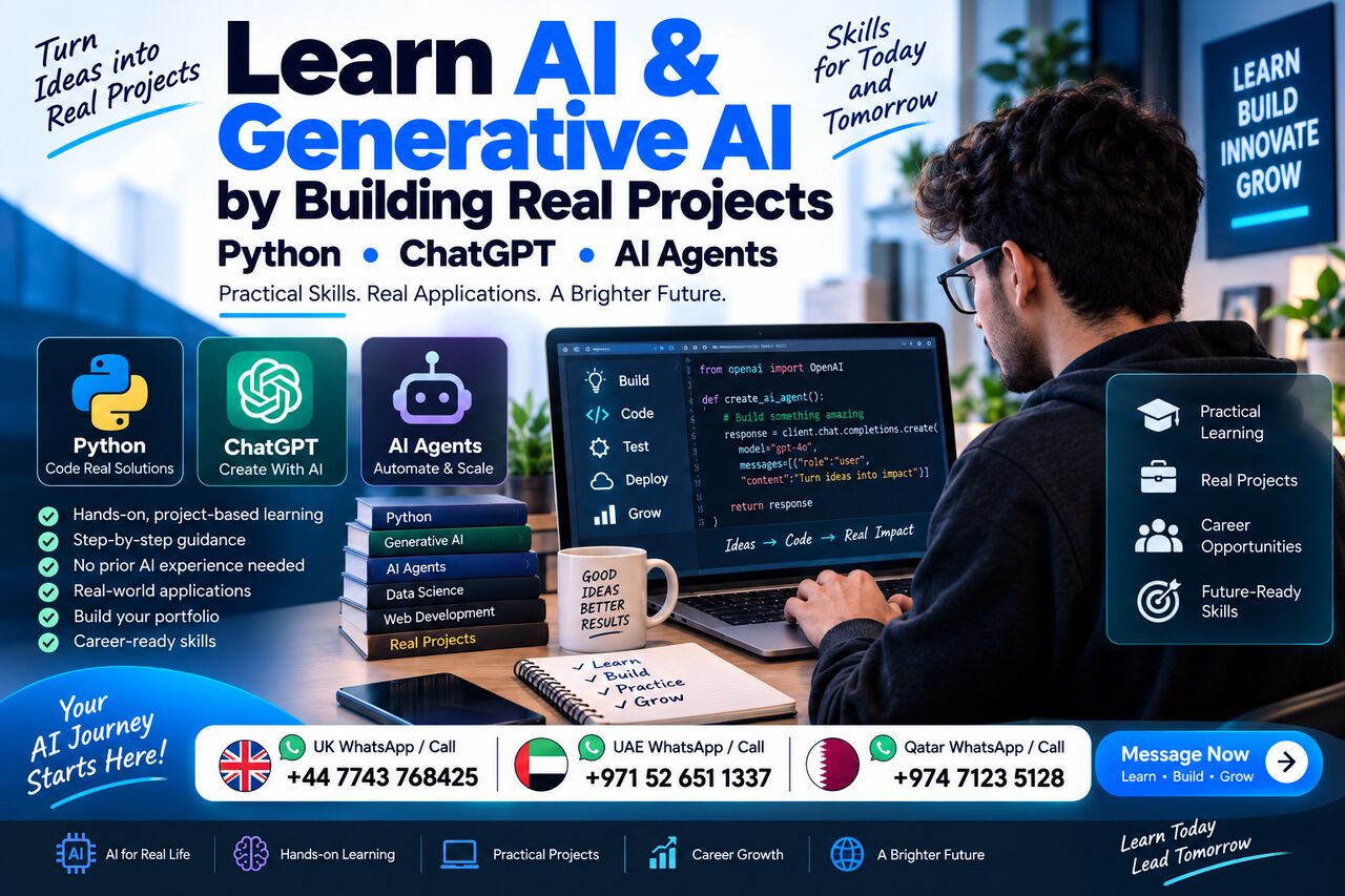 Al Khobar Al Shamalia, Lessons Offered, Learn AI & Generative AI By Building Real Projects | Python &bull; ChatGPT &bull; AI Agents