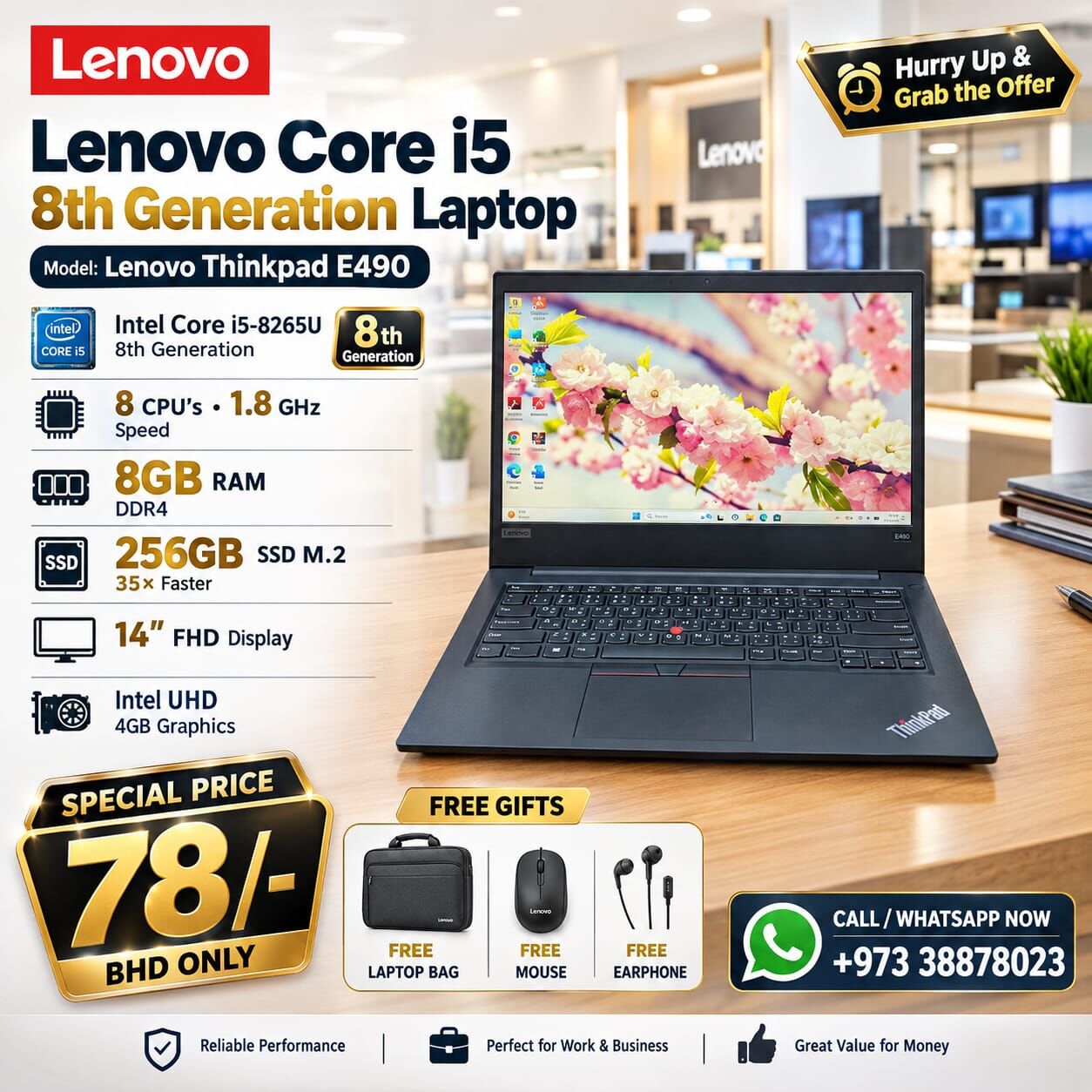 Manama, Tablet Computers, BHD 78,  Thinkpad Core I5 8th Gen Laptop 8GB RAM 35x Fast M.2 Win 11 & MS Office Ready Free GIFTS