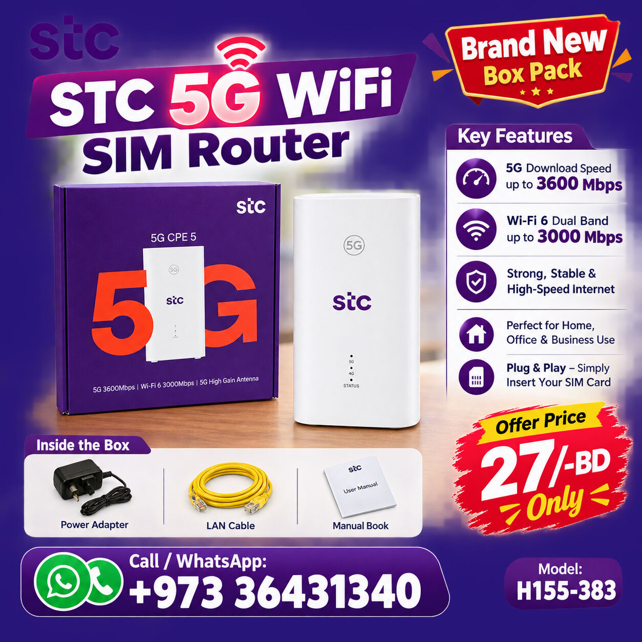Isa Town, Computers, BHD 27,  Brand New STC 5G WiFi-6 SIM Router BoxPack (Ultra High Speed) 27/-BD Only Call: 36431340