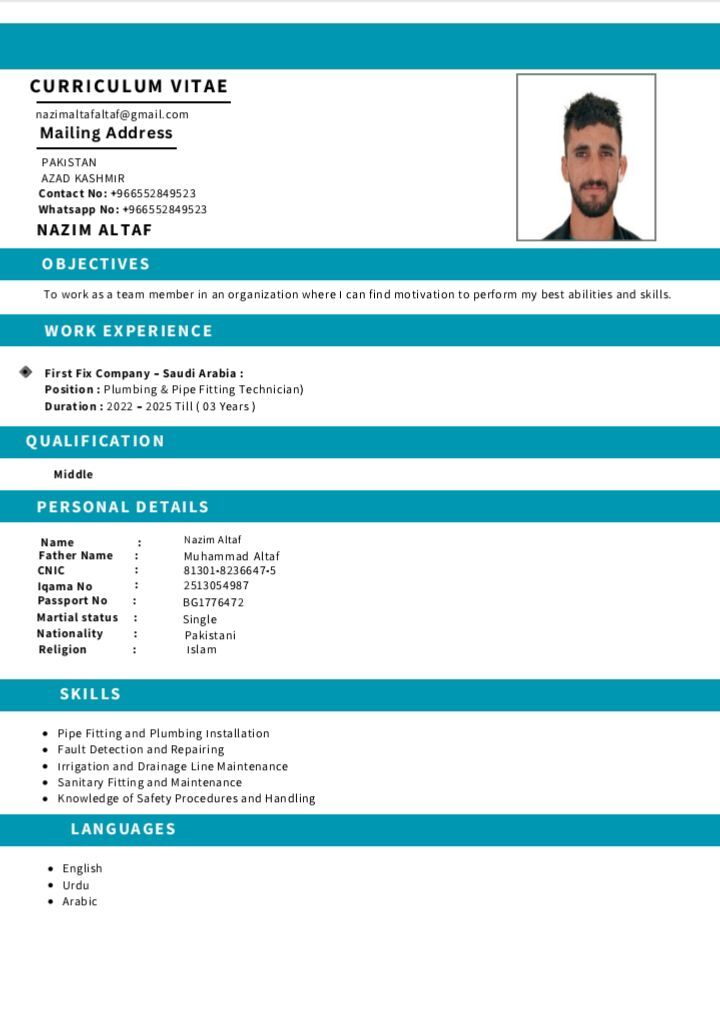 Riyadh, Job Seekers, Plumber/Pipe Fitter