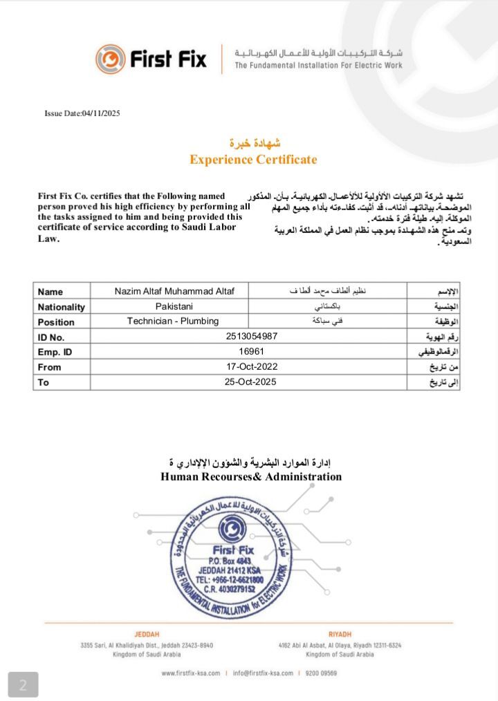 Riyadh, Job Seekers, Plumber/Pipe Fitter