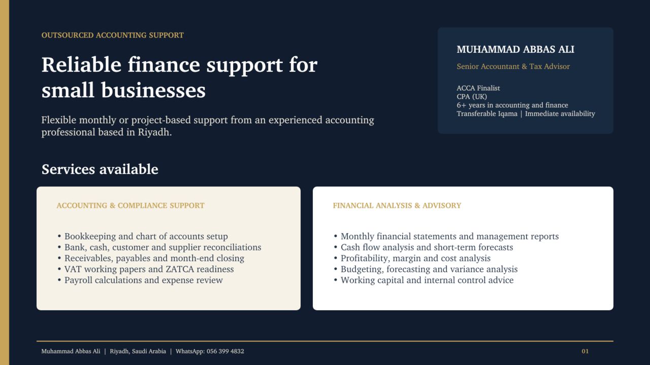 Riyadh, Accounting, Part-Time Accountant | VAT, ZATCA & Financial Advisory