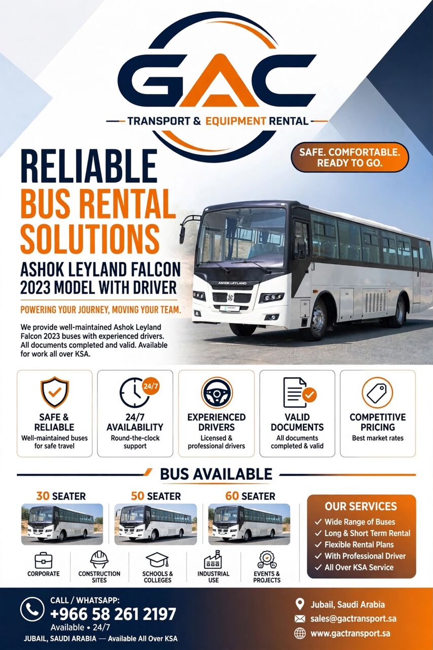 Jubail, Equipment Rental, Ashok Leyland Bus With Driver