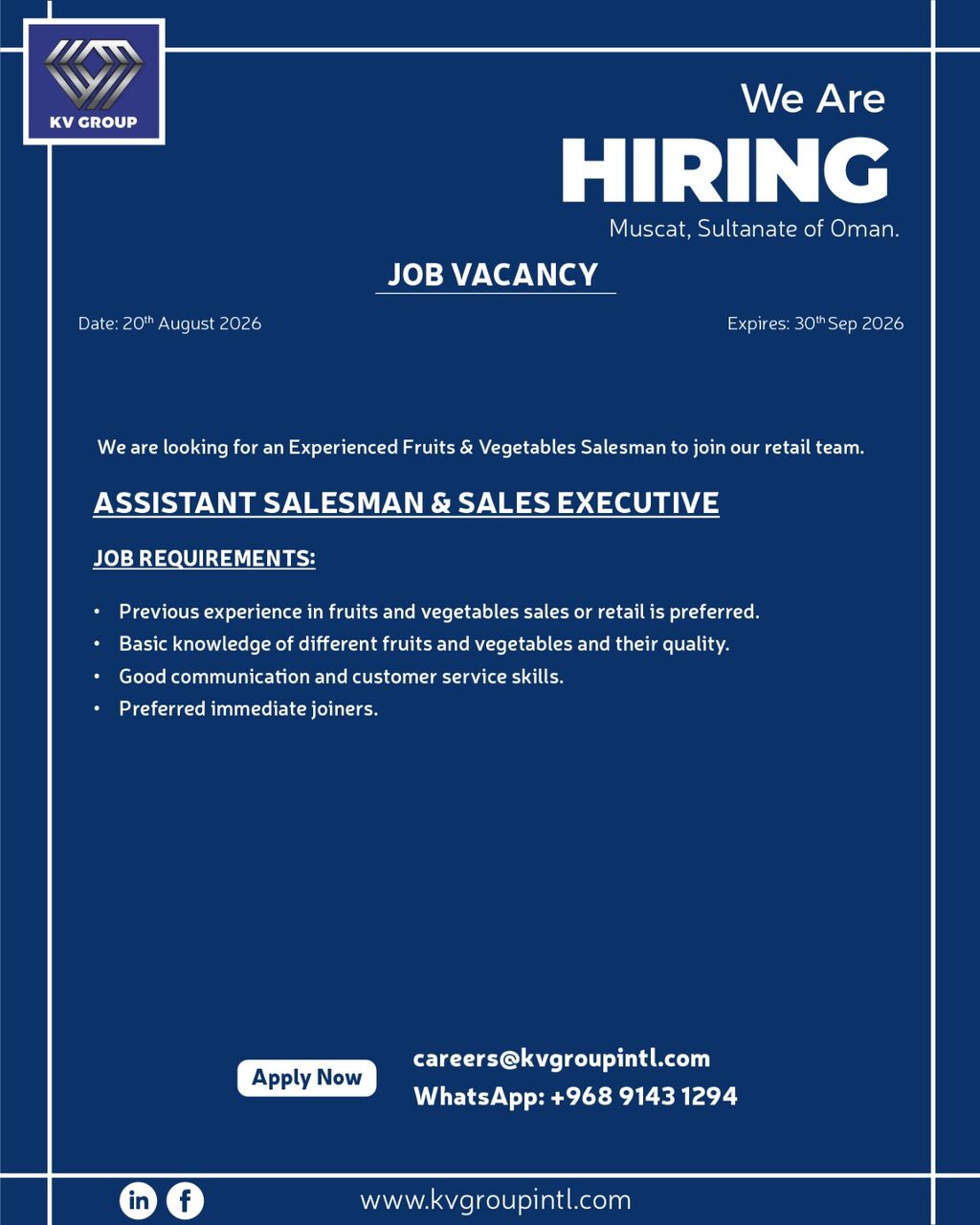 Muscat, Jobs, Counter Incharge/Sales/Assistant Salesman( Need Fruits And Vegetables Experience )