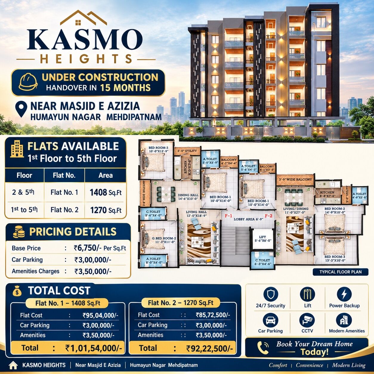 Hyderabad, Real Estate For Sale, INR 6750,  3 BR,  1408 Sq. Feet,  Under Construction 3 BHK Falts Available For Sale At Mahdipatnam - Hyderabad