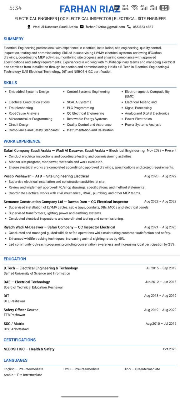Jubail, Job Seekers, QC Electrical Engineering And Electrical Supervisor