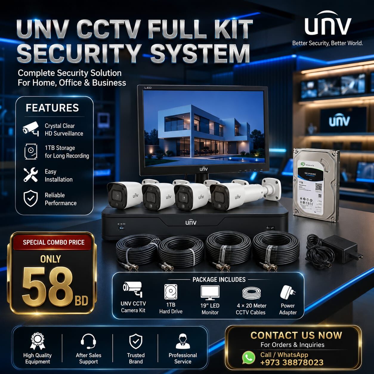 Manama, Tablet Computers, BHD 58,  Brand New UNV CCTV System Full Kit 4 Channel DVR + 4 Cameras + 1TB HDD & 19" Monitor