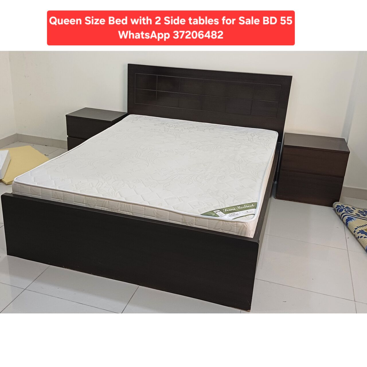 Manama, Furniture, BHD 55,  ✅️ Queen Size Bed & Mattress With 2 Side Tables For Sale In Good Condition With Delivery
