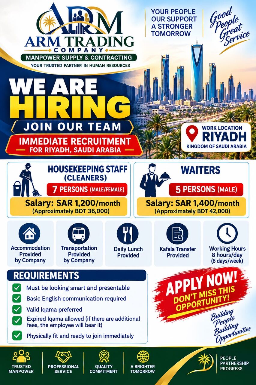 Riyadh, Jobs, Waiters And House Keeper