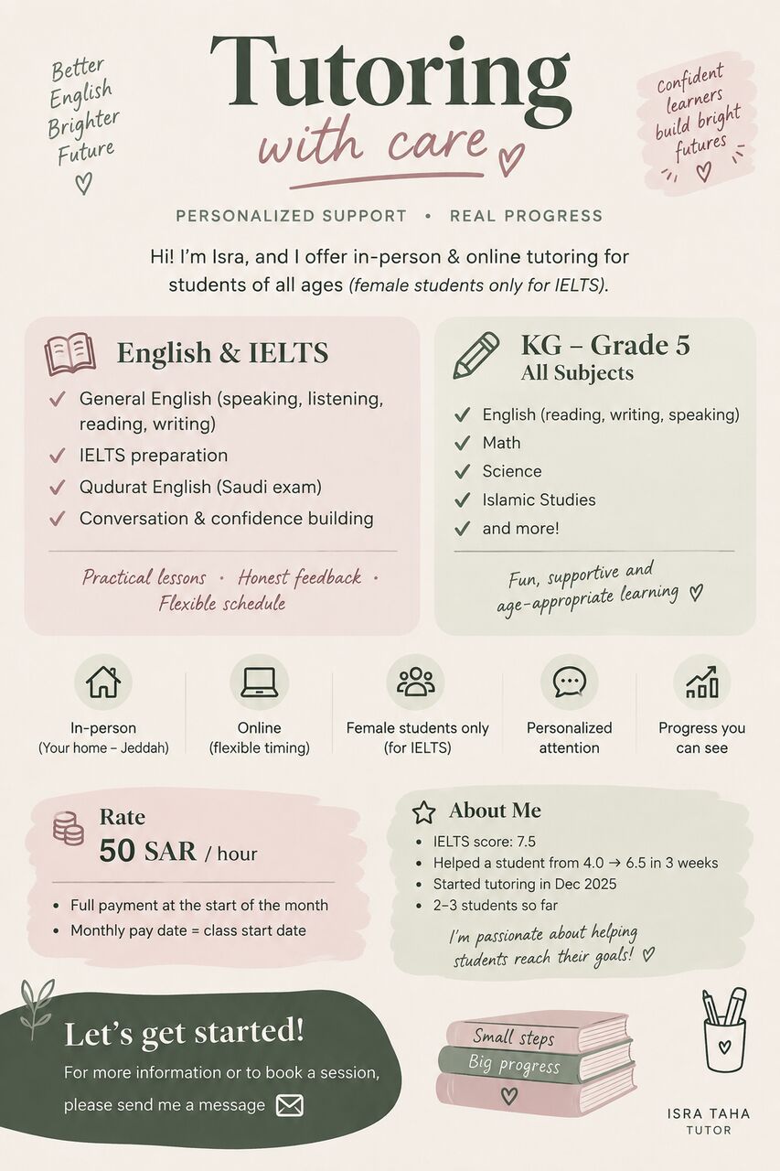 Jeddah, Lessons Offered, IELTS/ENGLISH TUITIONS AVAILABLE IN REHAB (JEDDAH)