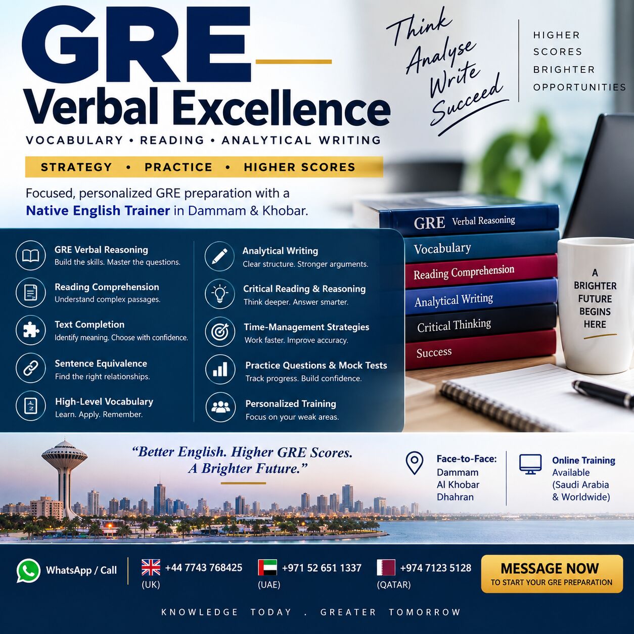 Dammam, Lessons Offered, GRE Verbal Excellence | Vocabulary &bull; Reading &bull; Analytical Writing &ndash; Dammam & Khobar