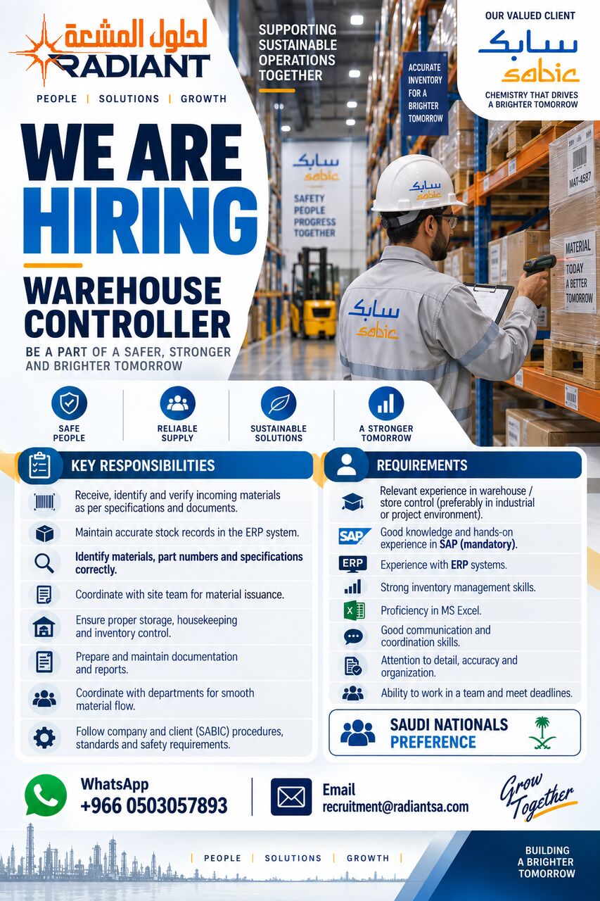 Yanbu, Jobs, Warehouse Controller