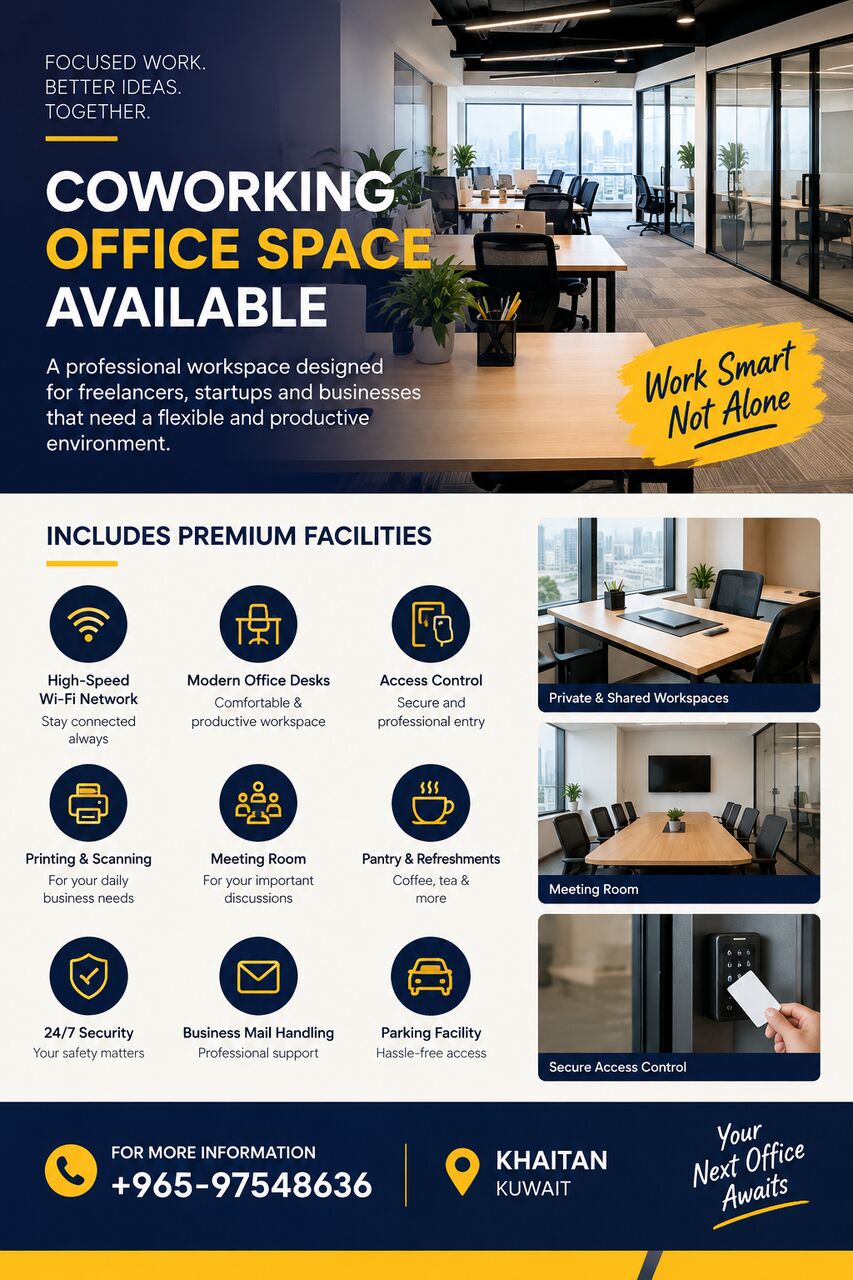 Kuwait City, Offices, 25 Sq. Meter,  COWORKING OFFICE SPACE AVAILABLE  A Professional Workspace Designed For Freelancers
