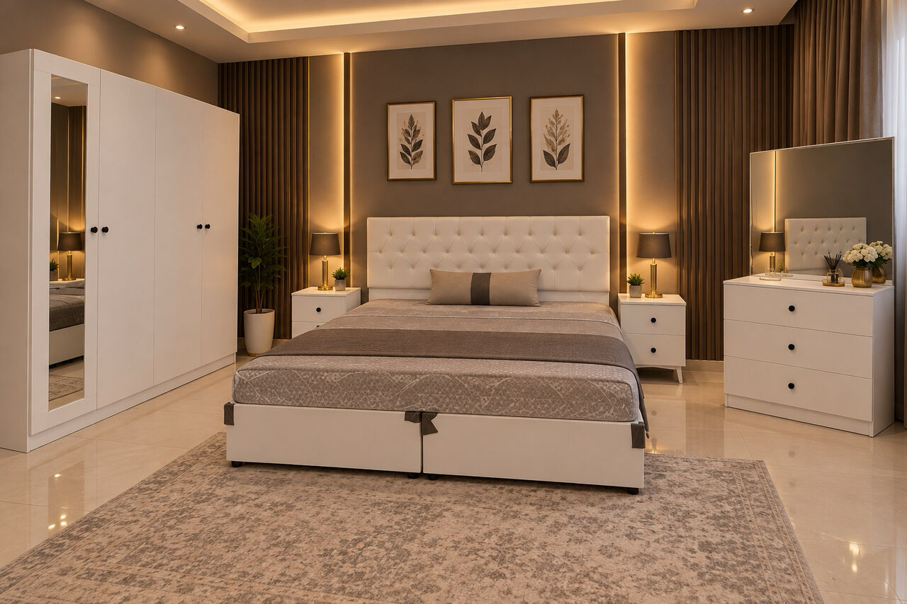 Jeddah, Furniture, SAR 5,  Premium Bedroom Set &ndash; Double Bed 180×200cm + 4-Door Wardrobe