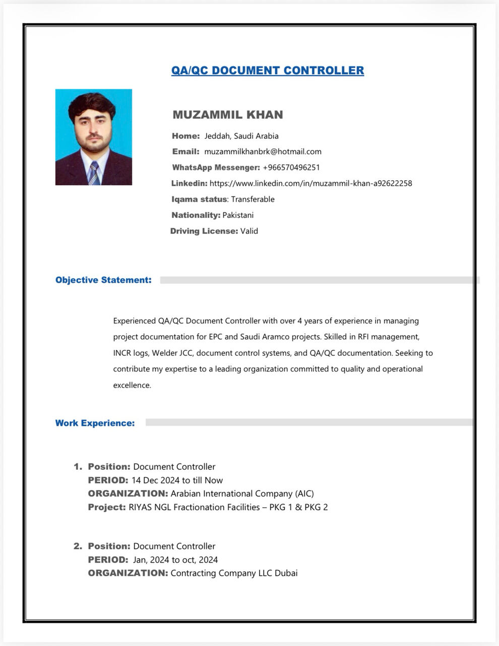 Jubail, Job Seekers, QC Documents Controller