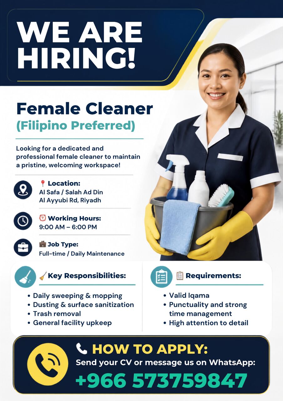 Riyadh, Jobs, Female Cleaner (Filipino Preferred) &ndash; Full Time In Riyadh
