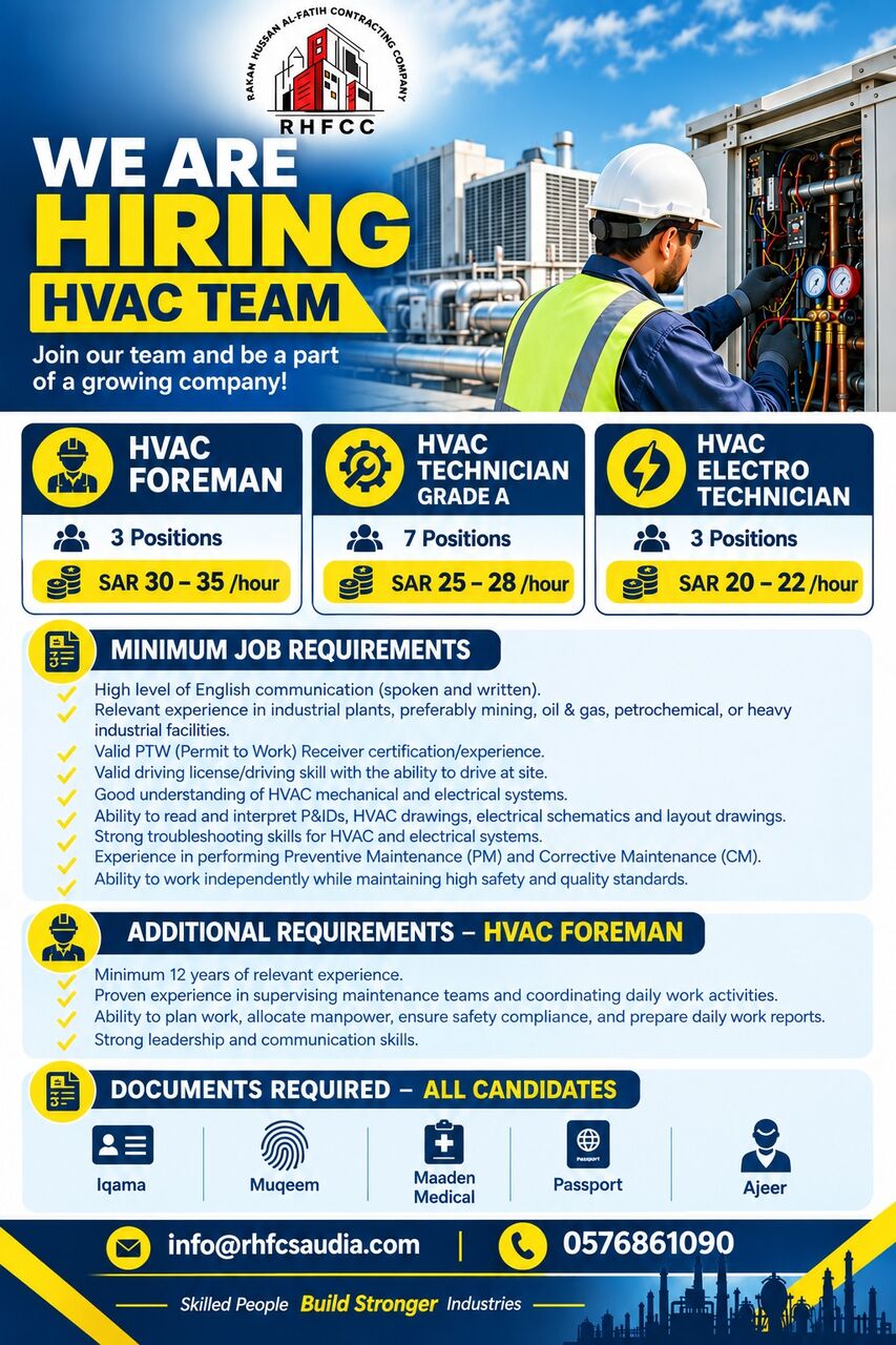 Jubail Industrial City, Jobs, Hvac Foreman , Hvac Technician, HVAC Elctotechanician.