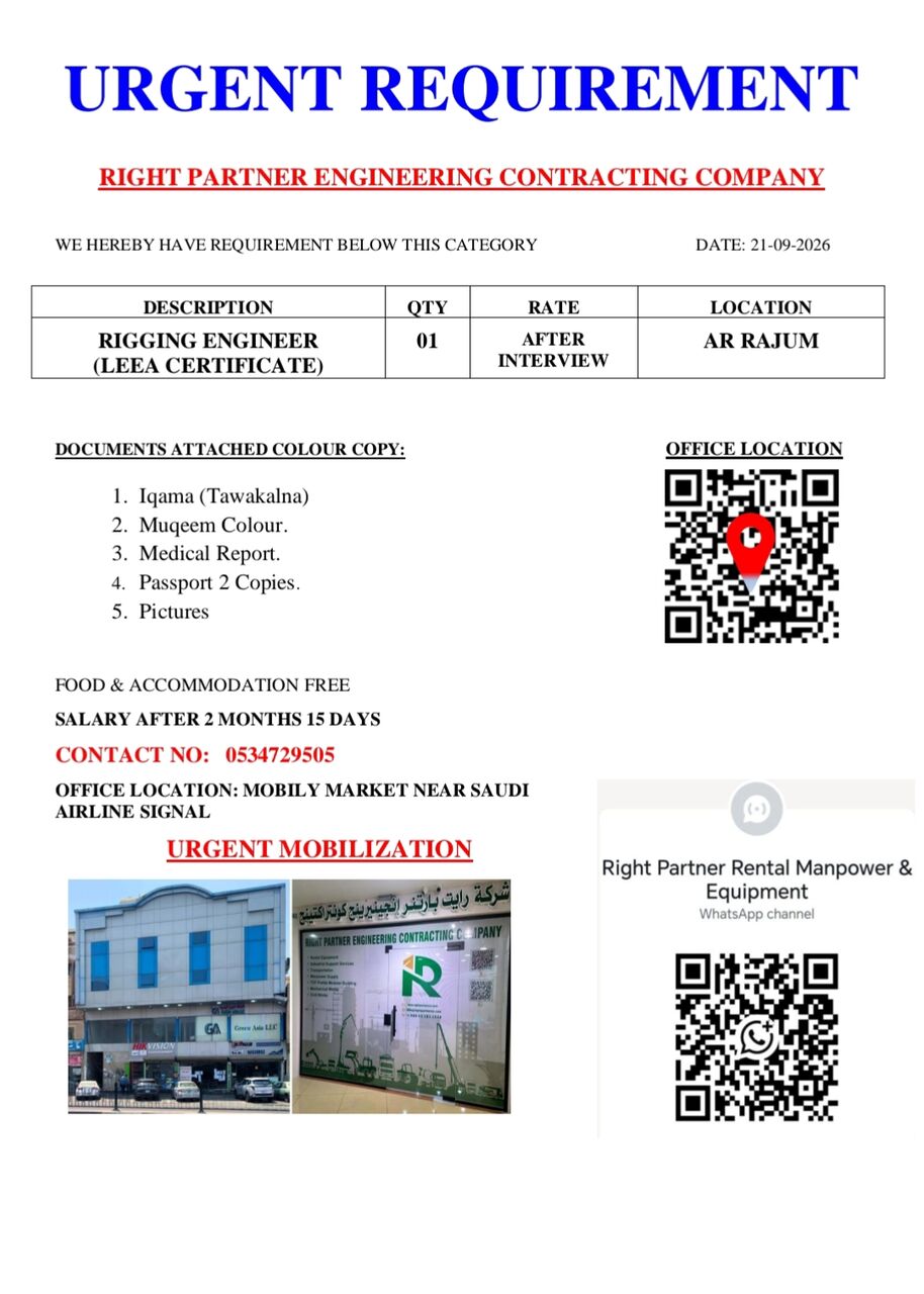 Riyadh, Jobs, Rigger With LEEA Certificate