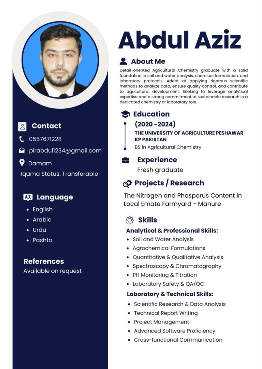 Dammam, Job Seekers, Agriculture Chemistry