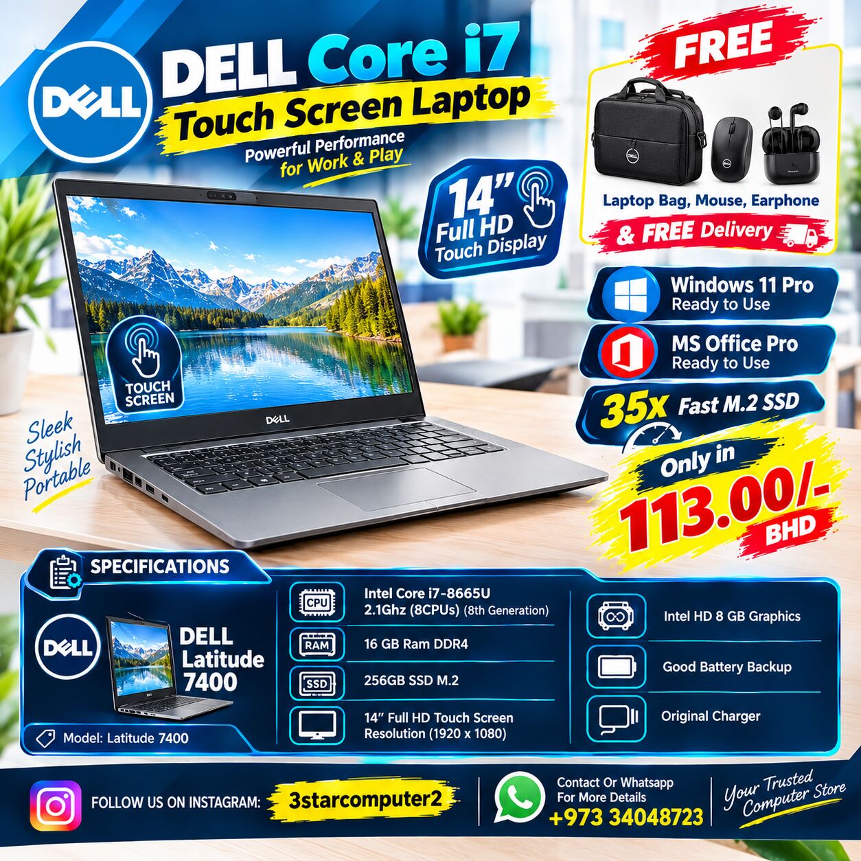 Manama, Computers, BHD 113,  DELL Core I7 8th Gen Touch Laptop 16 GB RAM 35X Fast SSD 14" FHD Touch Display FREE GIFTS