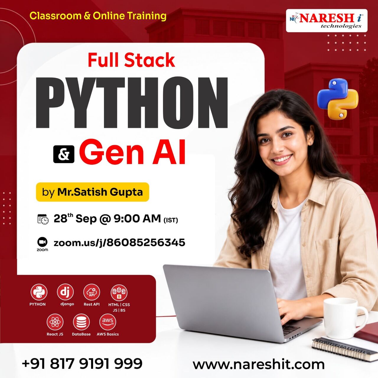 Hyderabad, Lessons Offered, Join Python Full Stack Course With Gen AI 9:00 AM Batch