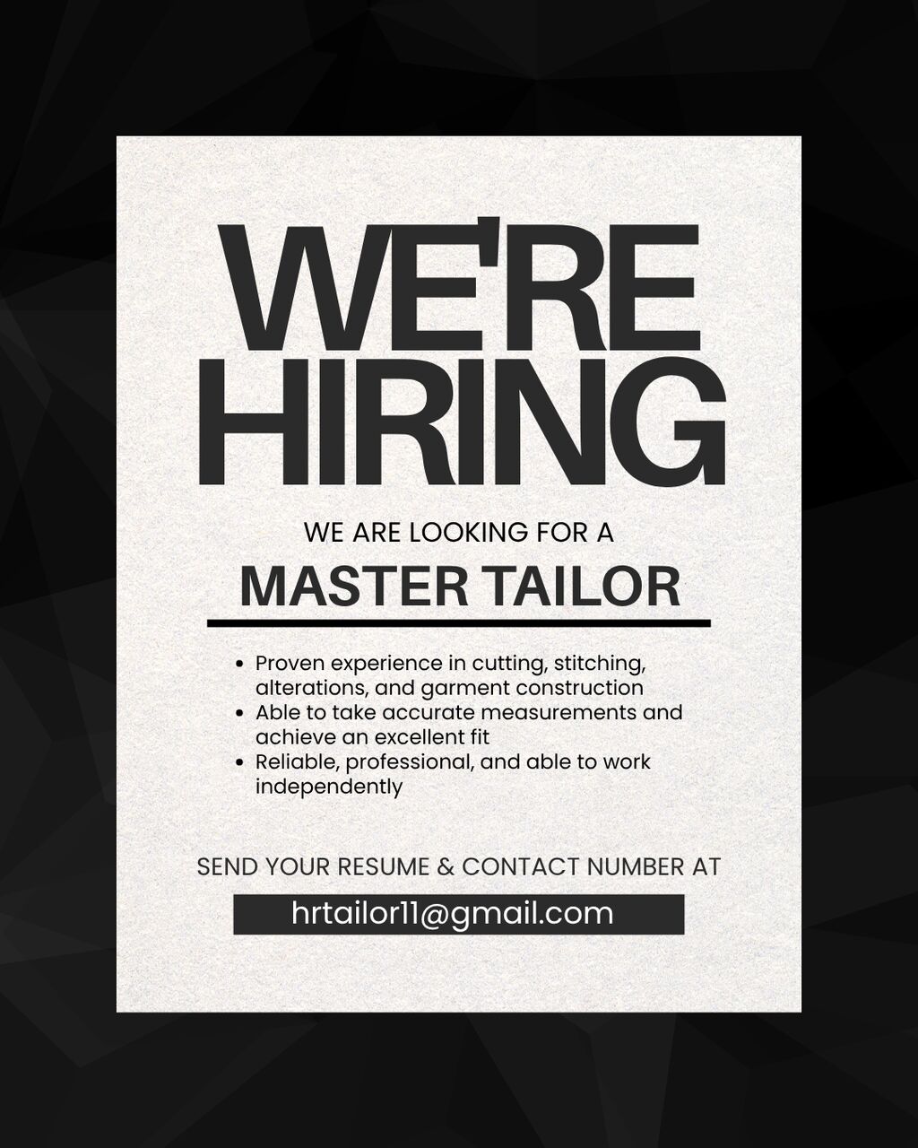 Zinj, Jobs, WE ARE HIRING FOR EXPERIENCED MASTER TAILOR
