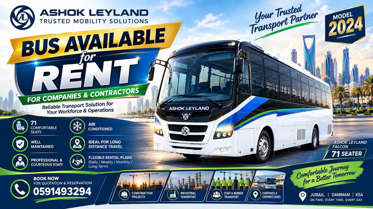 Jubail, Equipment Rental, 🚌 ASHOK LEYLAND 71-SEATER LONG BUS AVAILABLE FOR RENT 🚌