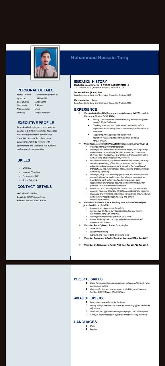 Madinah, Job Seekers, Experienced Accountant, Warehouse Operation Documents Controller  Looking For Job.