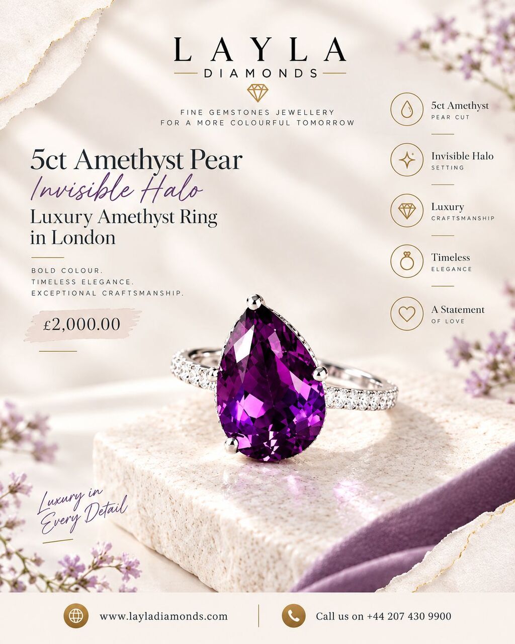 London, Items Wanted, 5ct Amethyst Pear Invisible Halo | Layla Diamonds UK