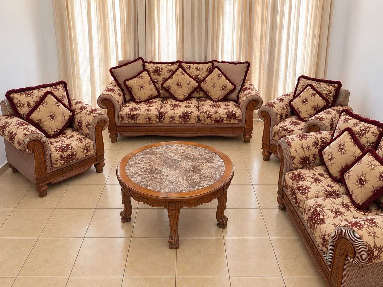 Mahooz, Furniture, BHD 110,  SALE Sofa Set - 7 Seater (3 Seater, 2 Seater And 2 Single Seater) With Marble Teapoy