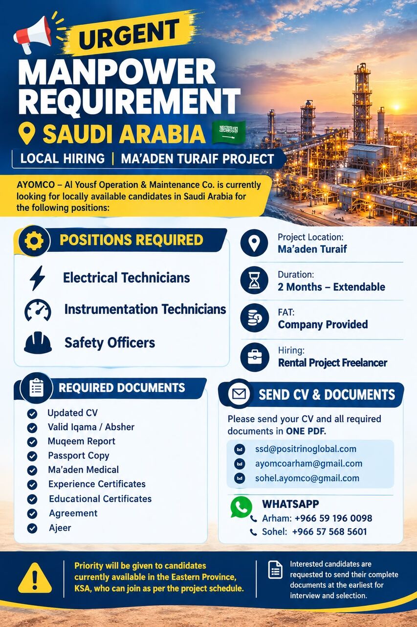 Dammam, Jobs, Electrical Technicians /Instrumentation Technicians /	Safety Officers