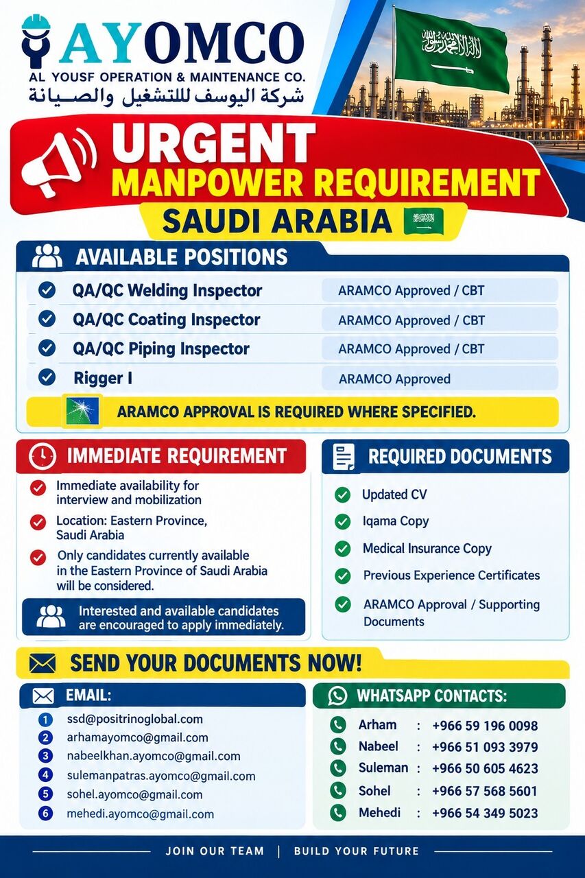 Dammam, Jobs, QA/QC Welding Inspector – ARAMCO Approved / CBT 🔹 QA/QC Coating Inspector – ARAMCO Appro