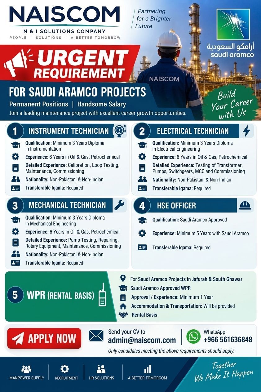 Riyadh, Jobs, 1. **Instrument Technician**  2. **Electrical Tech