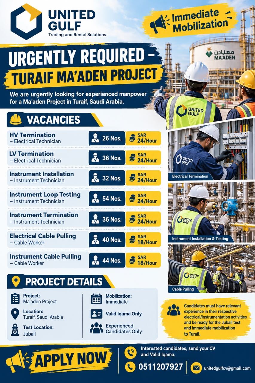 Turaif, Jobs, 🚨 URGENTLY REQUIRED – TURAIF MA’ADEN PROJECT 🚨